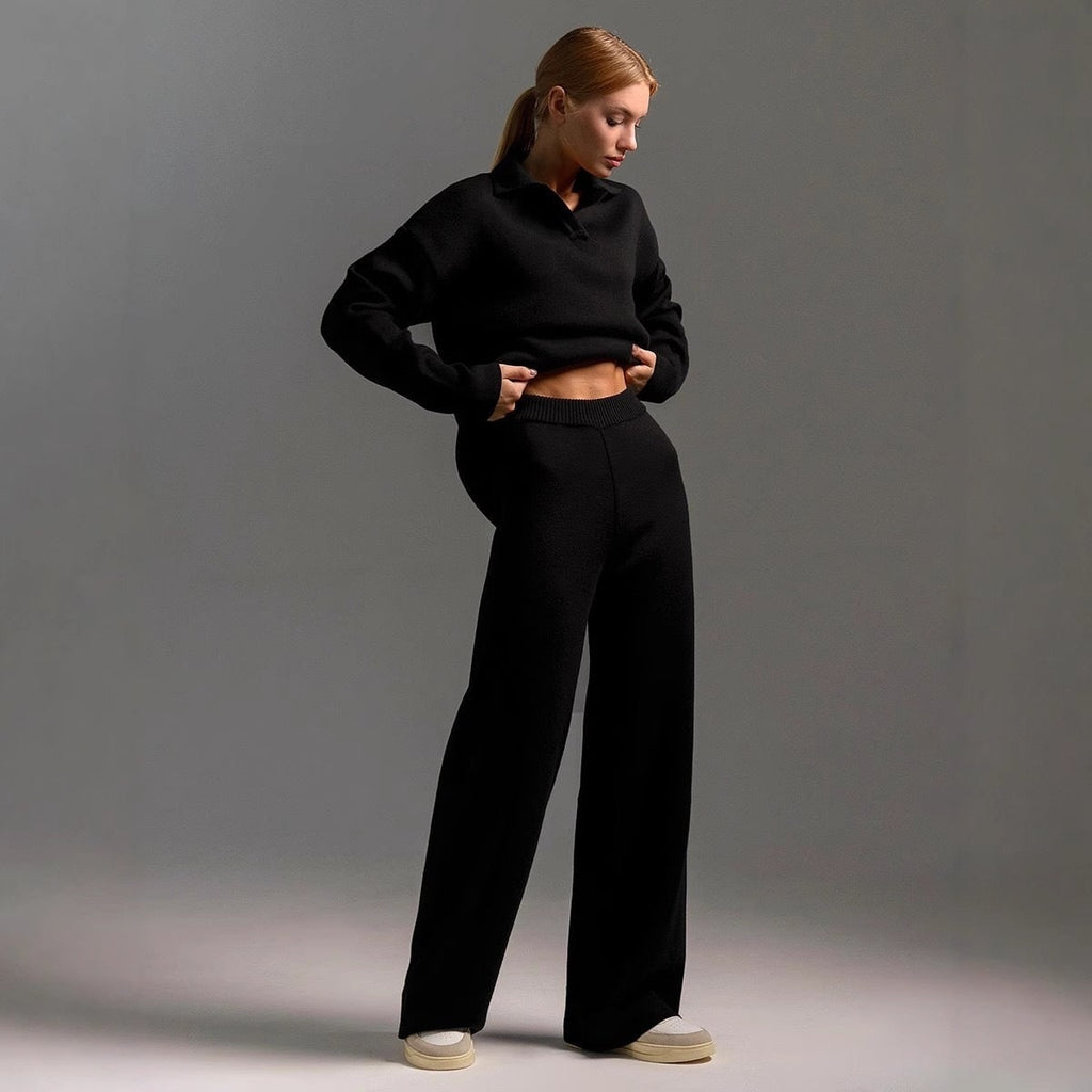 Women's Knit Lounge Set with Collared Sweater and Wide-Leg Loungewear - Image 8