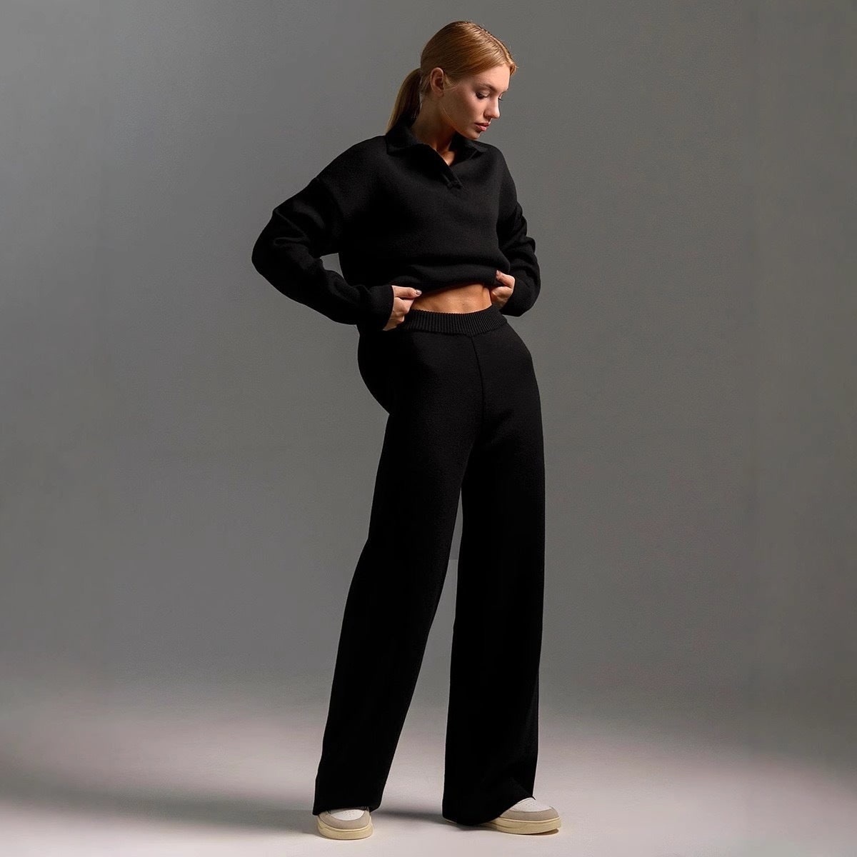 Women's Knit Lounge Set with Collared Sweater and Wide-Leg Loungewear - Image 8