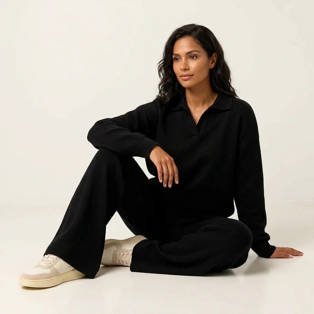 Women's Knit Lounge Set with Collared Sweater and Wide-Leg Loungewear - Image 9