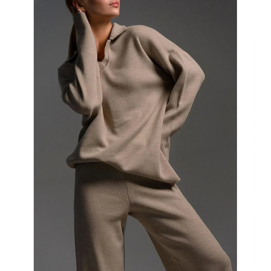 Women's Knit Lounge Set with Wide Leg Pants and Polo Sweater Two Piece - Image 2