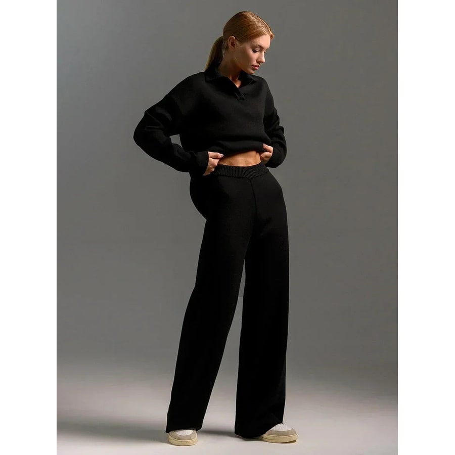 Women's Knit Lounge Set with Wide Leg Pants and Polo Sweater Two Piece - Image 3