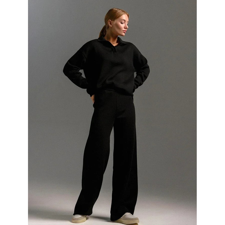 Women's Knit Lounge Set with Wide Leg Pants and Polo Sweater Two Piece - Image 4