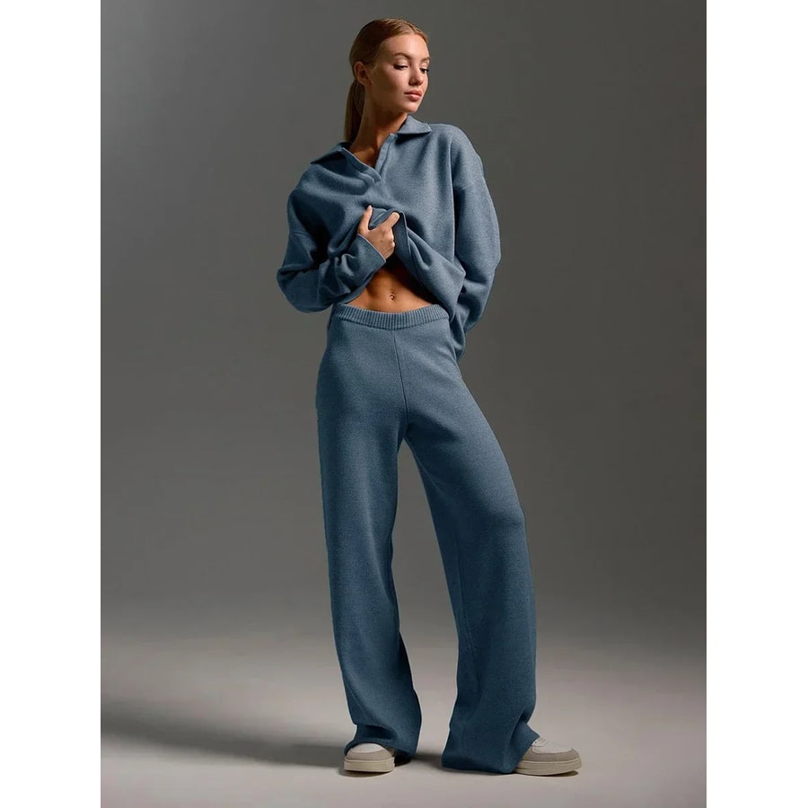 Women's Knit Lounge Set with Wide Leg Pants and Polo Sweater Two Piece - Image 5