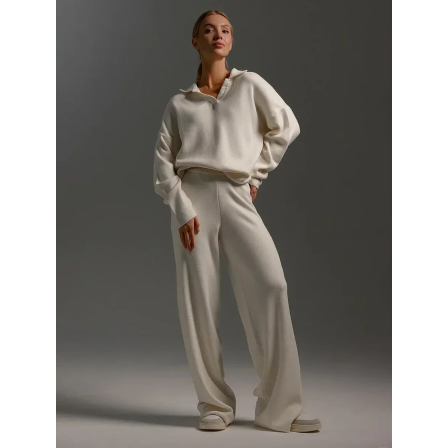 Women's Knit Lounge Set with Wide Leg Pants and Polo Sweater Two Piece - Image 6