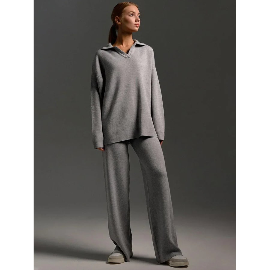 Women's Knit Lounge Set with Wide Leg Pants and Polo Sweater Two Piece - Image 7