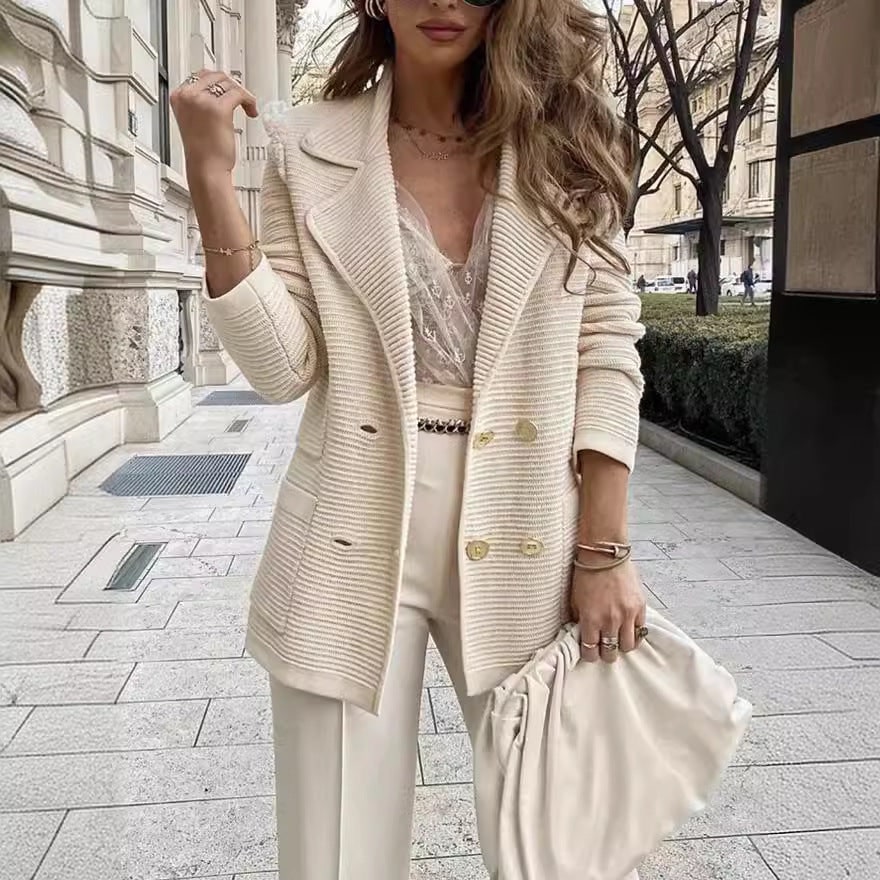 Women's Knit Sweater Blazer with Double Breasted Closure and Notched Lapel - Image 3