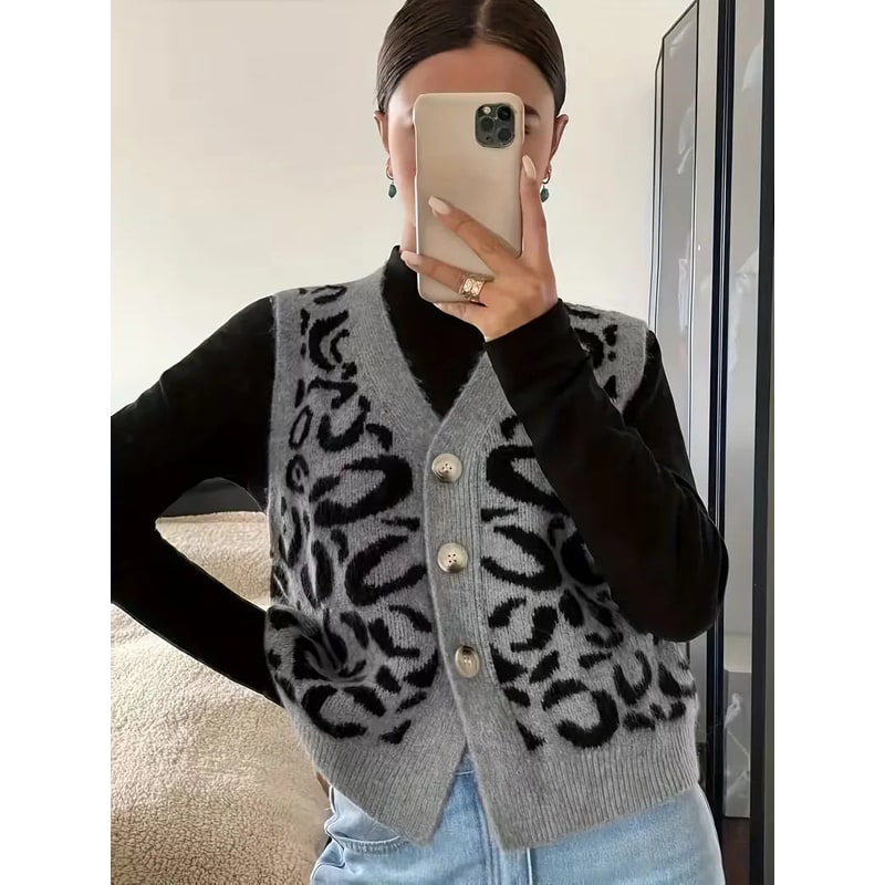 Women's Knit Sweater Vest with Leopard Print Button Front and V-Neckline - Image 1