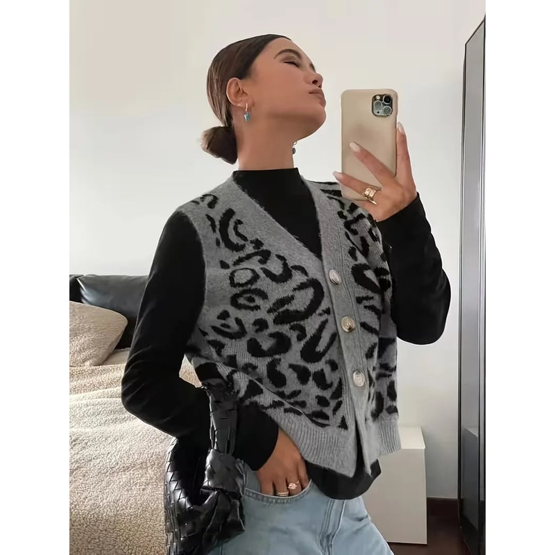 Women's Knit Sweater Vest with Leopard Print Button Front and V-Neckline - Image 4