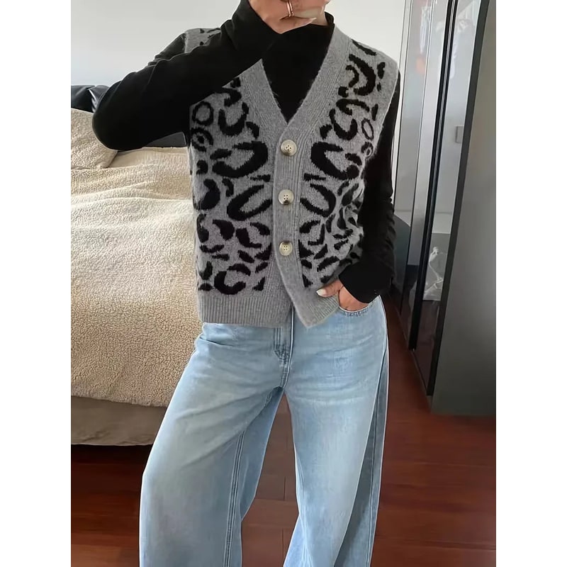 Women's Knit Sweater Vest with Leopard Print Button Front and V-Neckline - Image 5
