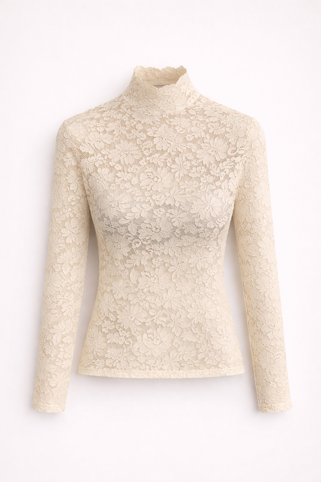 Women's Lace Blouse with Long Sleeves Mock Neck and Floral Scalloped Design - Image 2