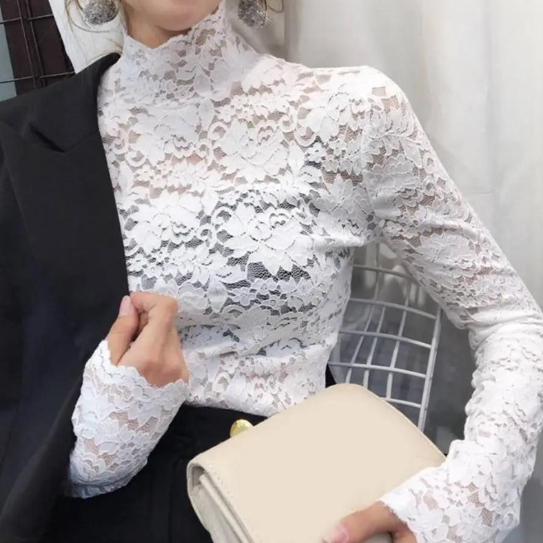 Women's Lace Blouse with Long Sleeves Mock Neck and Floral Scalloped Design - Image 4