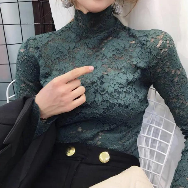 Women's Lace Blouse with Long Sleeves Mock Neck and Floral Scalloped Design - Image 5