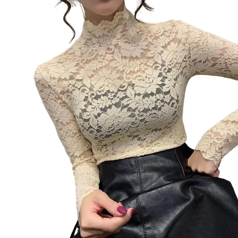 Women's Lace Blouse with Long Sleeves Mock Neck and Floral Scalloped Design - Image 6