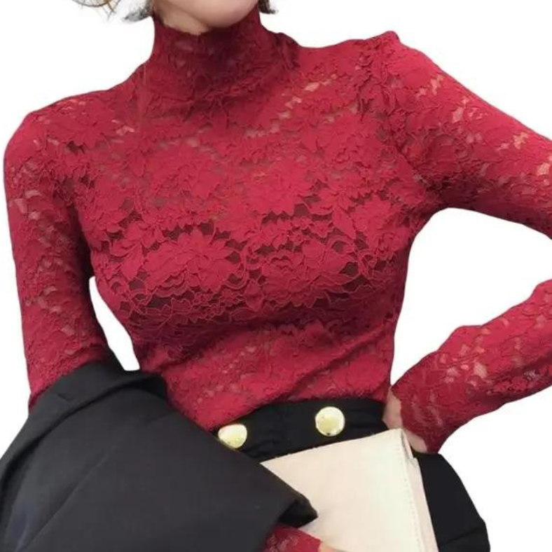 Women's Lace Blouse with Long Sleeves Mock Neck and Floral Scalloped Design - Image 7