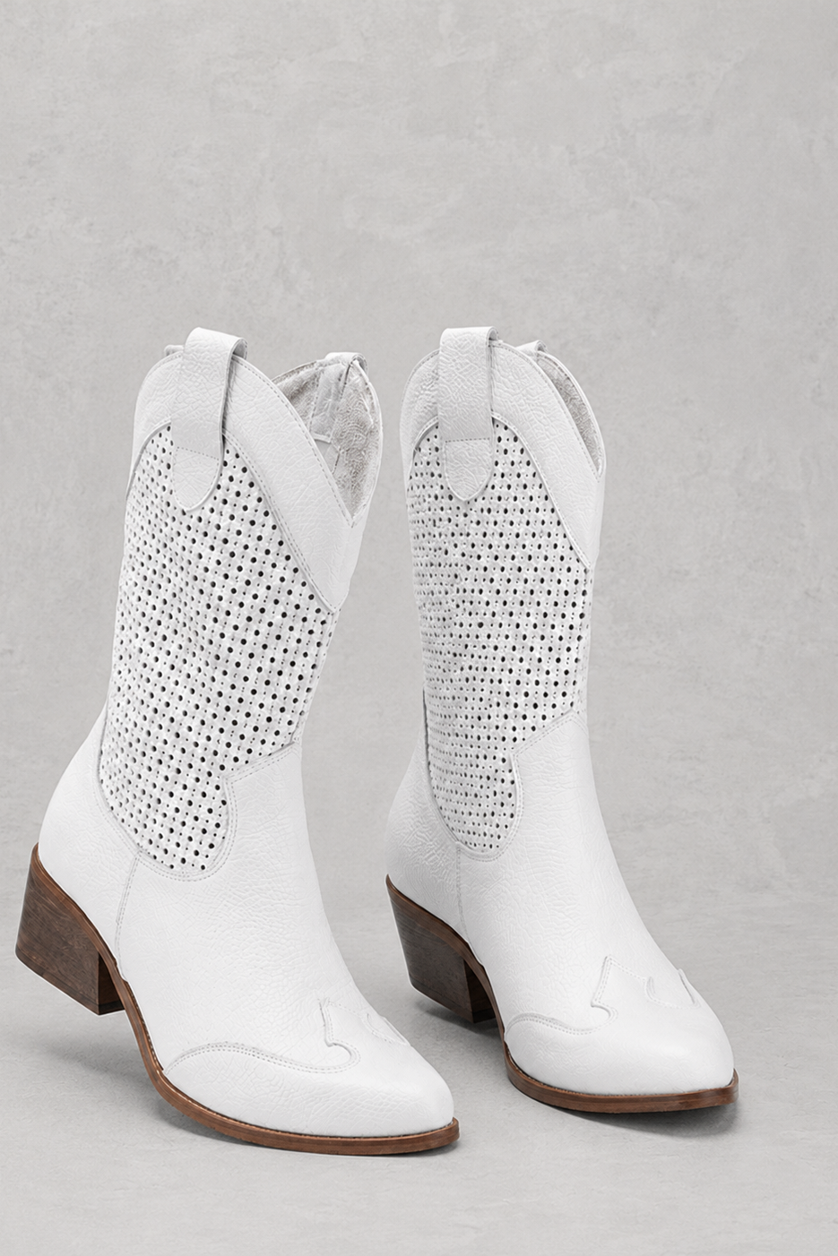 Women's Leather Cowboy Boots with Perforated Shaft and Block Heel - Image 1