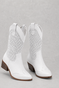 Women's Leather Cowboy Boots with Perforated Shaft and Block Heel - Image 1