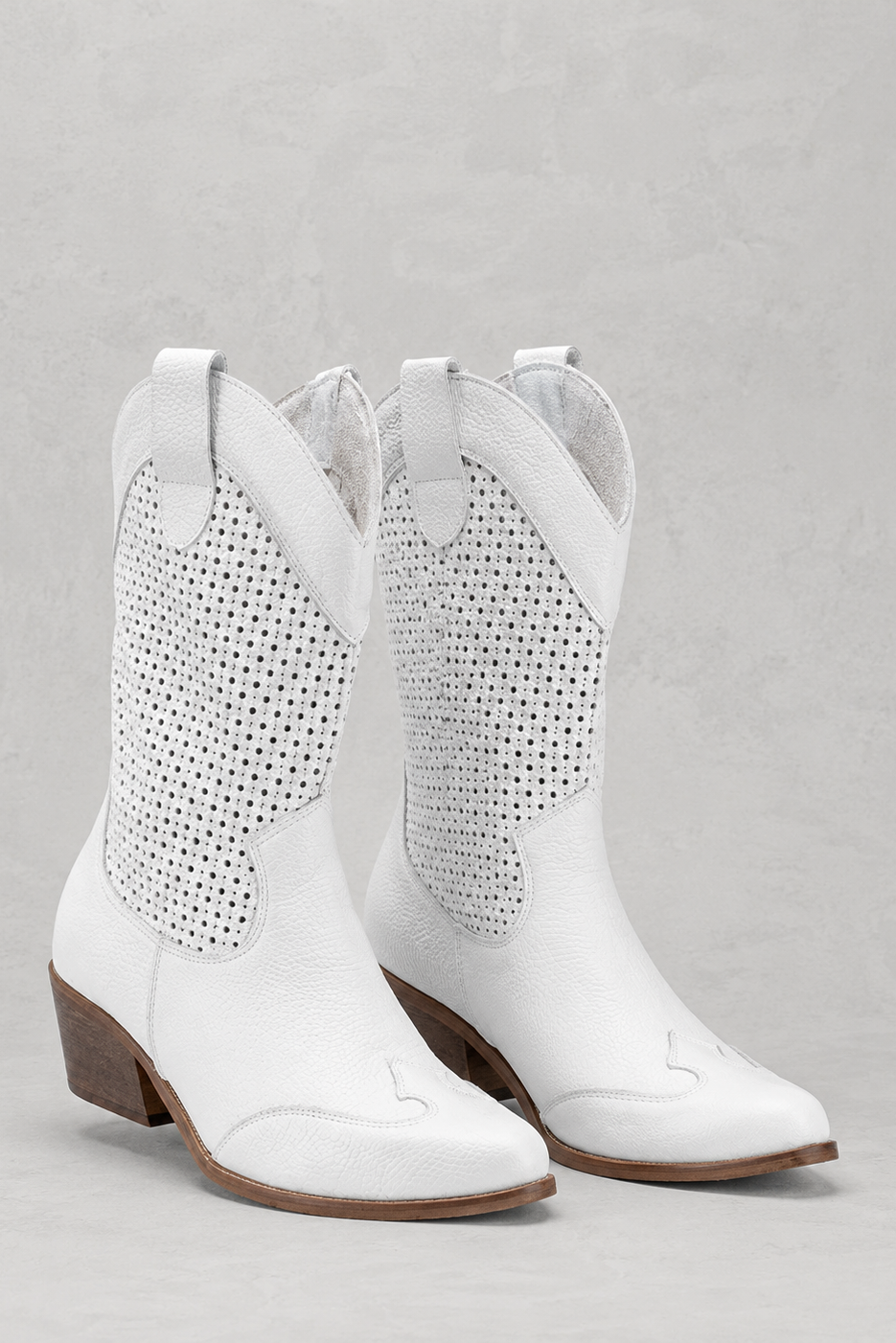 Women's Leather Cowboy Boots with Perforated Shaft and Block Heel - Image 2