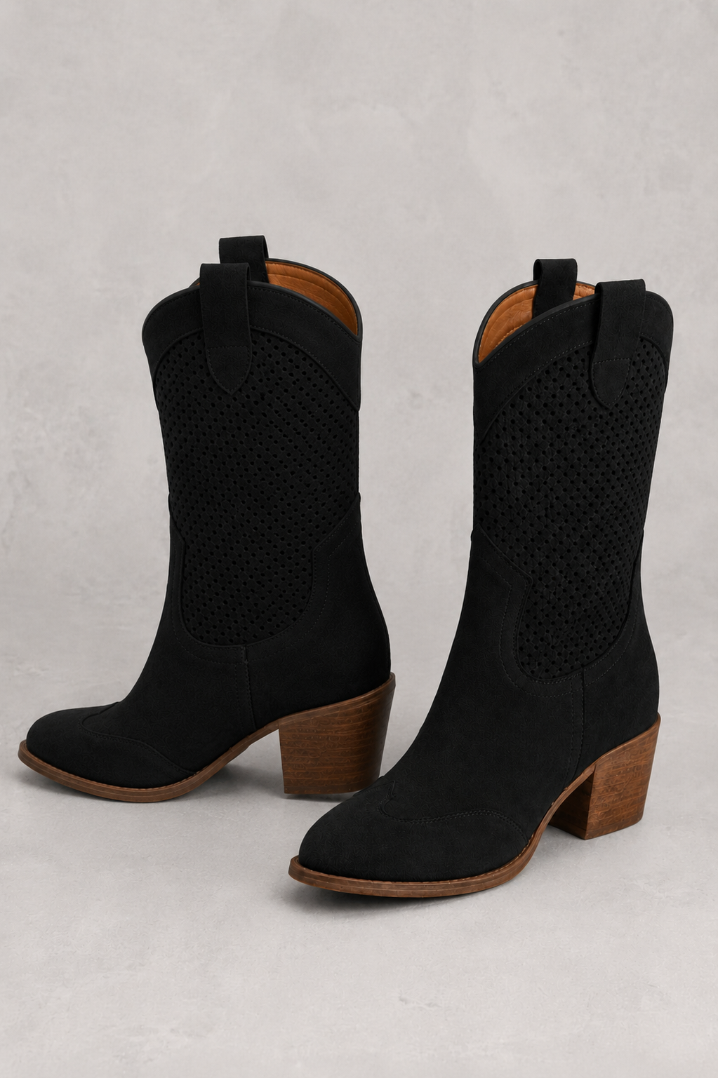 Women's Leather Cowboy Boots with Perforated Shaft and Block Heel - Image 5