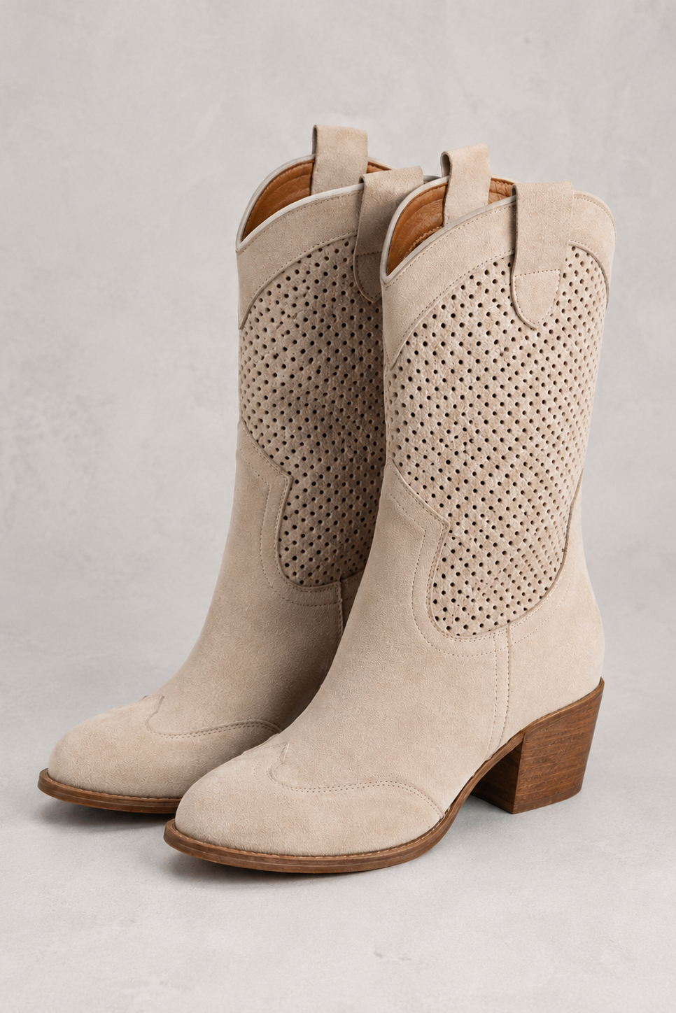 Women's Leather Cowboy Boots with Perforated Shaft and Block Heel - Image 6