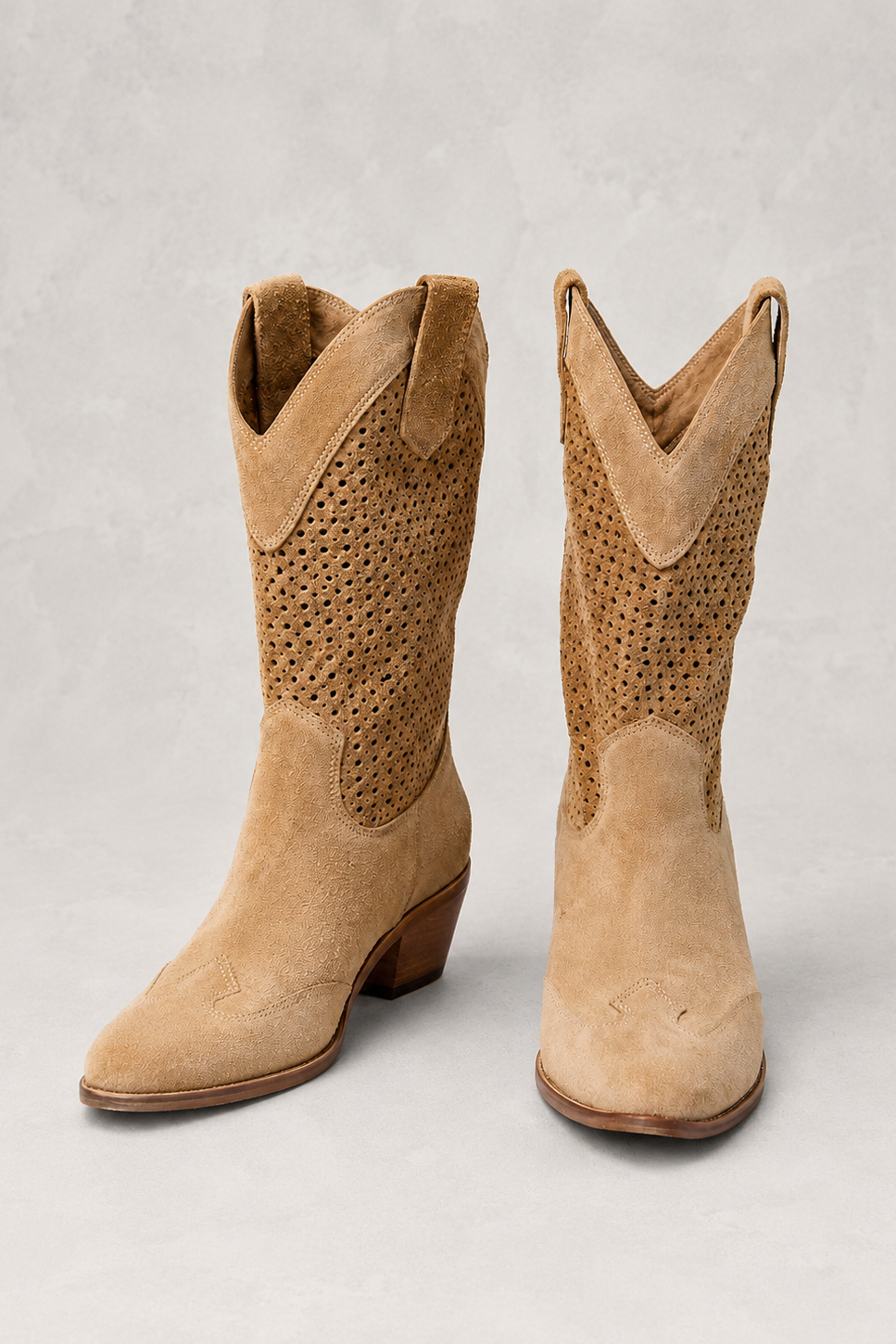 Women's Leather Cowboy Boots with Perforated Shaft and Block Heel - Image 7