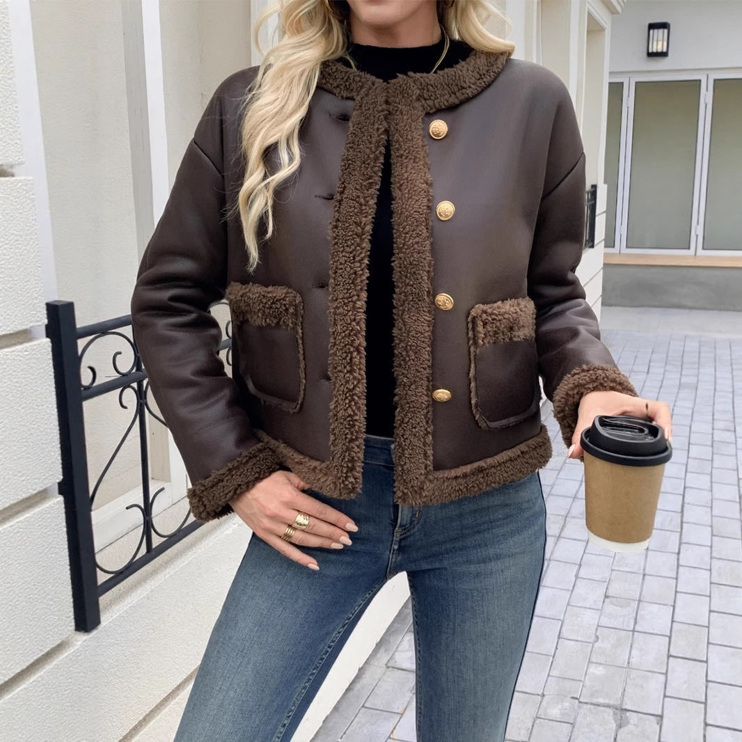 Women's Leather Cropped Jacket with Shearling Trim and Dome Buttons - Image 2