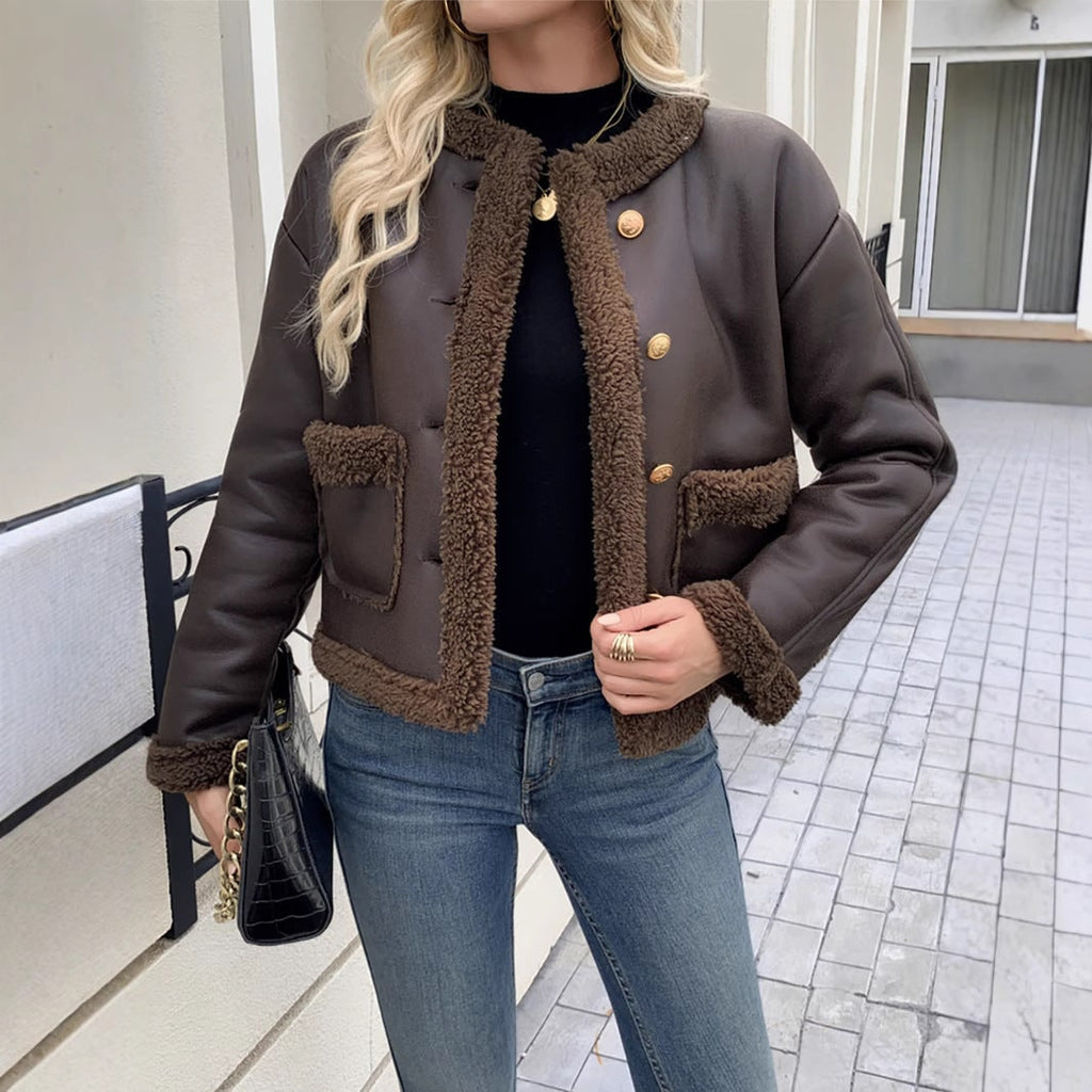 Women's Leather Cropped Jacket with Shearling Trim and Dome Buttons - Image 3