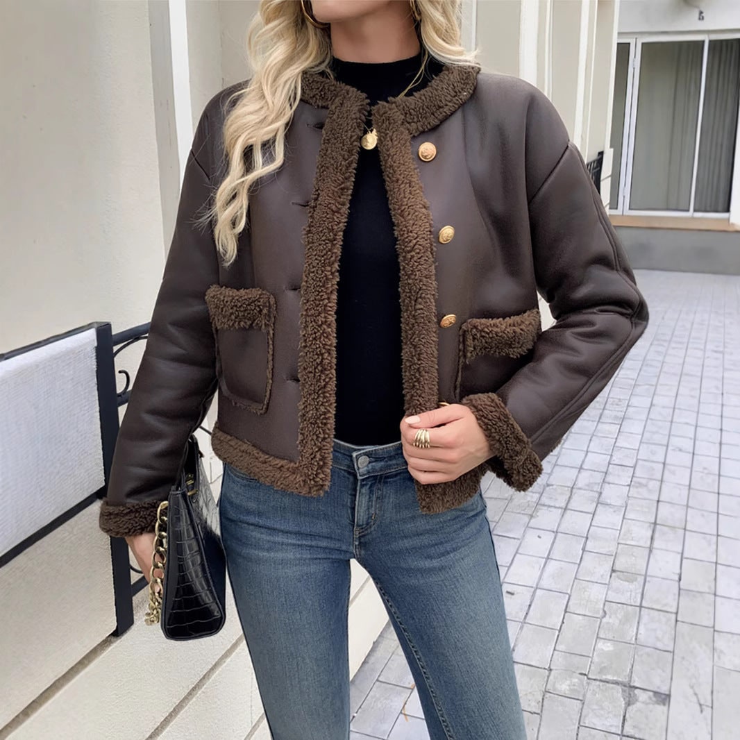Women's Leather Cropped Jacket with Shearling Trim and Dome Buttons - Image 3