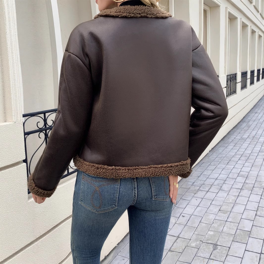 Women's Leather Cropped Jacket with Shearling Trim and Dome Buttons - Image 4