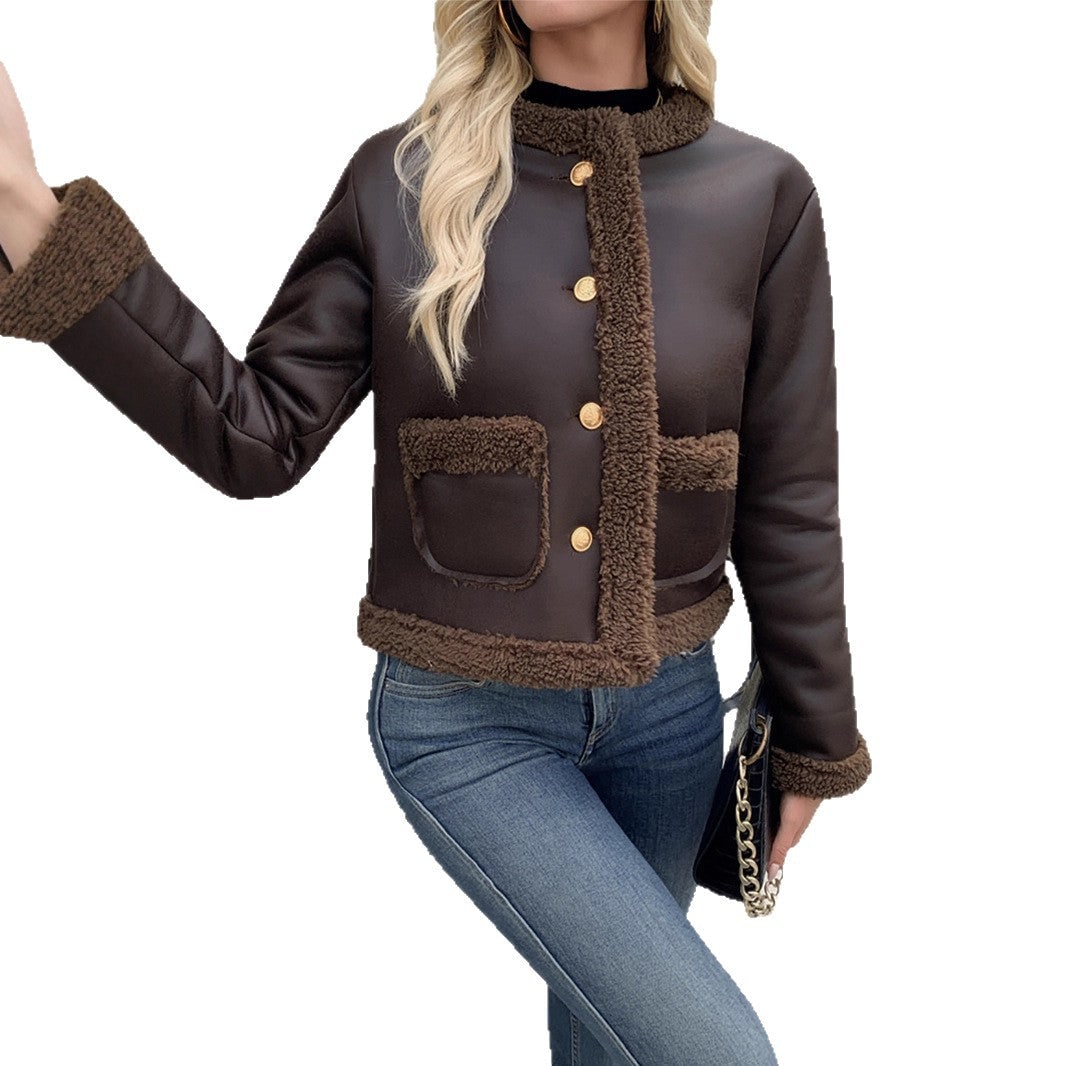 Women's Leather Cropped Jacket with Shearling Trim and Dome Buttons - Image 5