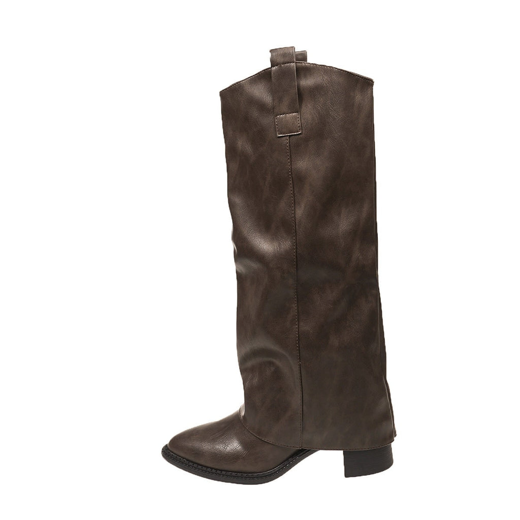 Women's Leather Knee Boots with Fold Over Slouchy Foldover Pull-On Design - Image 5