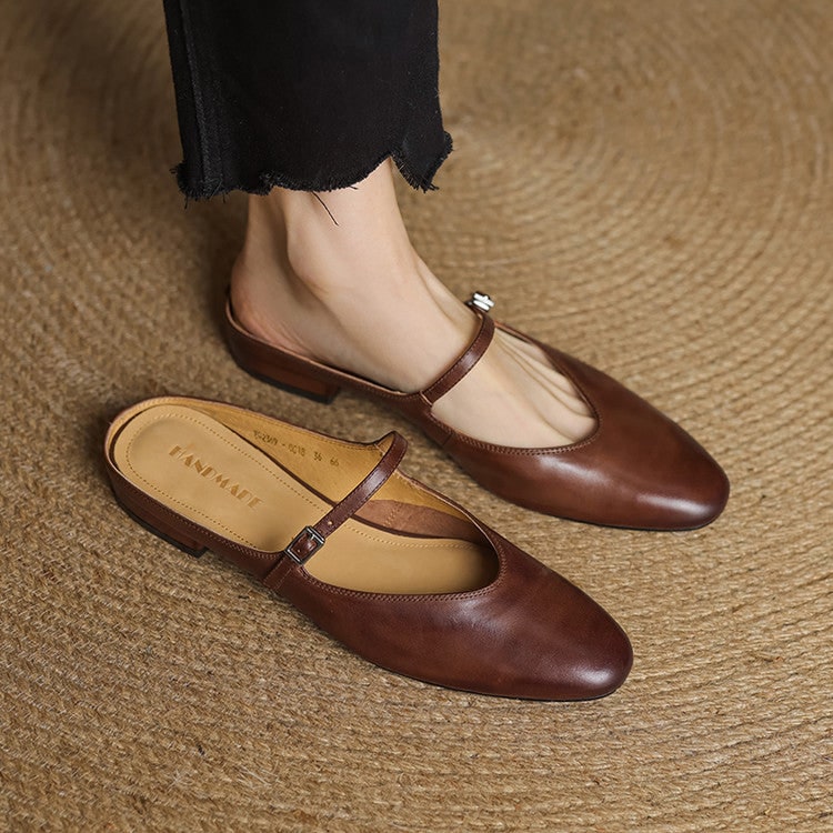 Women's Leather Mary Jane Mules Flat Shoes with Buckle Strap and Almond Toe - Image 1