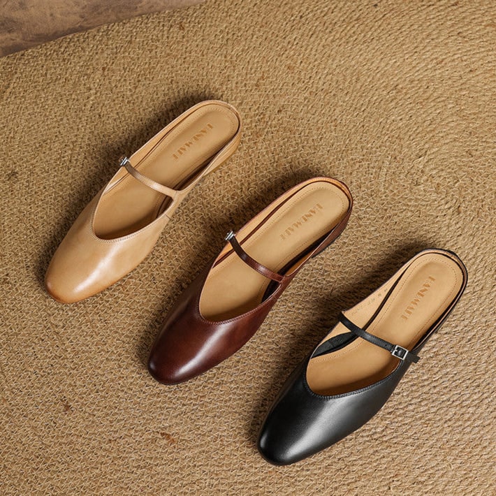 Women's Leather Mary Jane Mules Flat Shoes with Buckle Strap and Almond Toe - Image 10