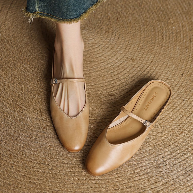 Women's Leather Mary Jane Mules Flat Shoes with Buckle Strap and Almond Toe - Image 11