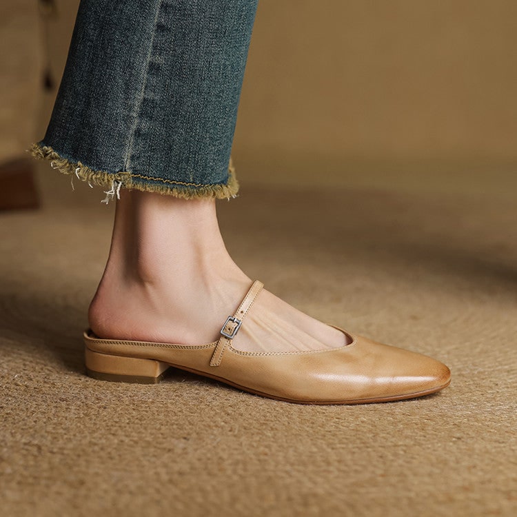 Women's Leather Mary Jane Mules Flat Shoes with Buckle Strap and Almond Toe - Image 12