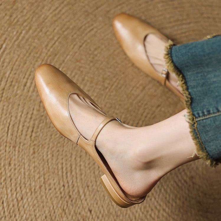 Women's Leather Mary Jane Mules Flat Shoes with Buckle Strap and Almond Toe - Image 13