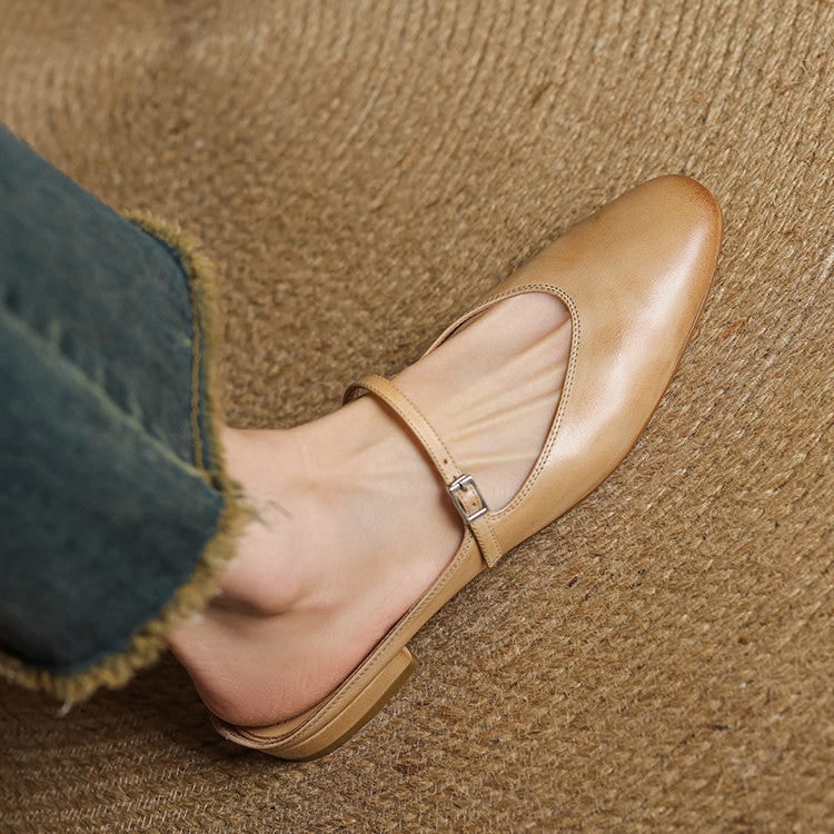 Women's Leather Mary Jane Mules Flat Shoes with Buckle Strap and Almond Toe - Image 14