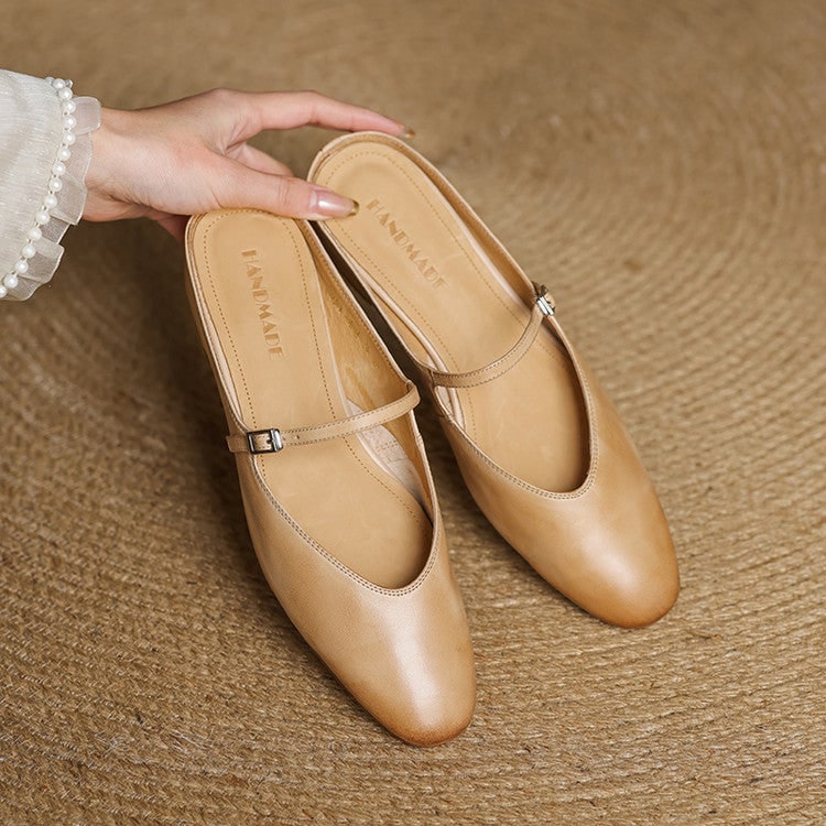 Women's Leather Mary Jane Mules Flat Shoes with Buckle Strap and Almond Toe - Image 15