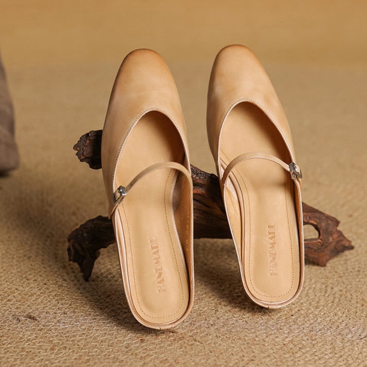 Women's Leather Mary Jane Mules Flat Shoes with Buckle Strap and Almond Toe - Image 16