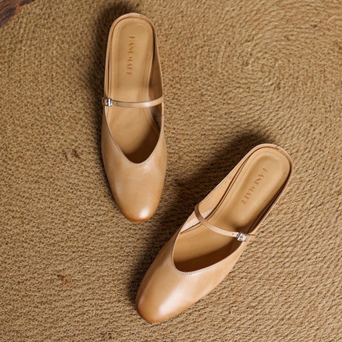 Women's Leather Mary Jane Mules Flat Shoes with Buckle Strap and Almond Toe - Image 17
