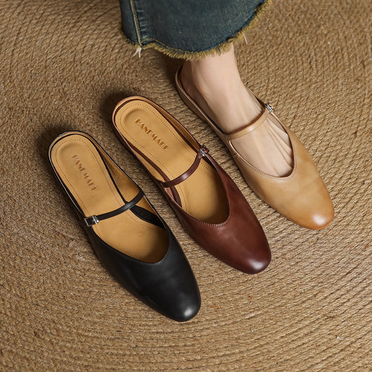 Women's Leather Mary Jane Mules Flat Shoes with Buckle Strap and Almond Toe - Image 18