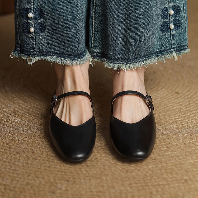 Women's Leather Mary Jane Mules Flat Shoes with Buckle Strap and Almond Toe - Image 19