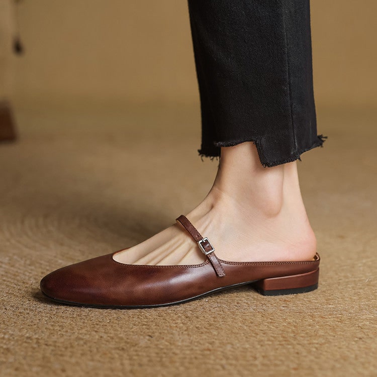 Women's Leather Mary Jane Mules Flat Shoes with Buckle Strap and Almond Toe - Image 2