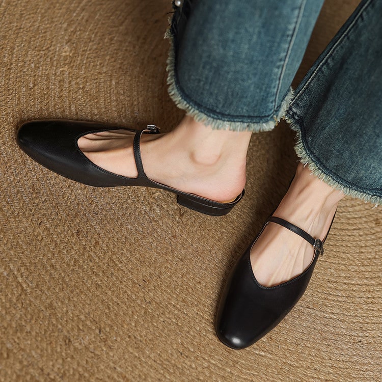 Women's Leather Mary Jane Mules Flat Shoes with Buckle Strap and Almond Toe - Image 20