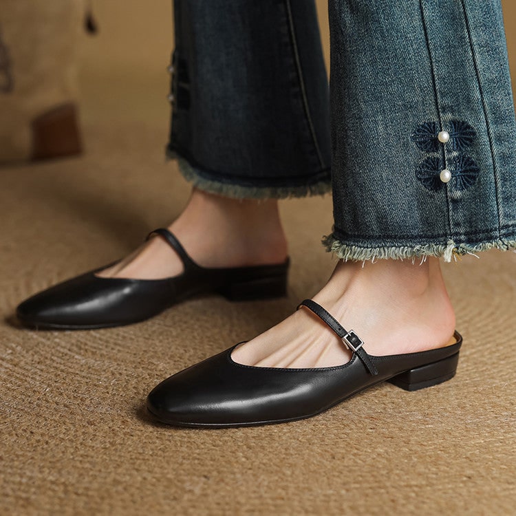 Women's Leather Mary Jane Mules Flat Shoes with Buckle Strap and Almond Toe - Image 21