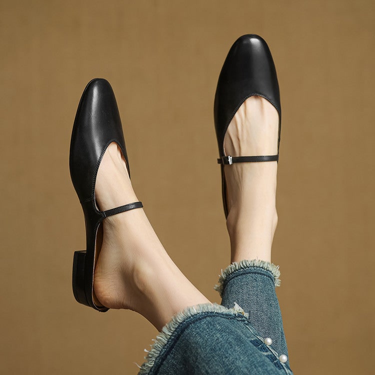 Women's Leather Mary Jane Mules Flat Shoes with Buckle Strap and Almond Toe - Image 22