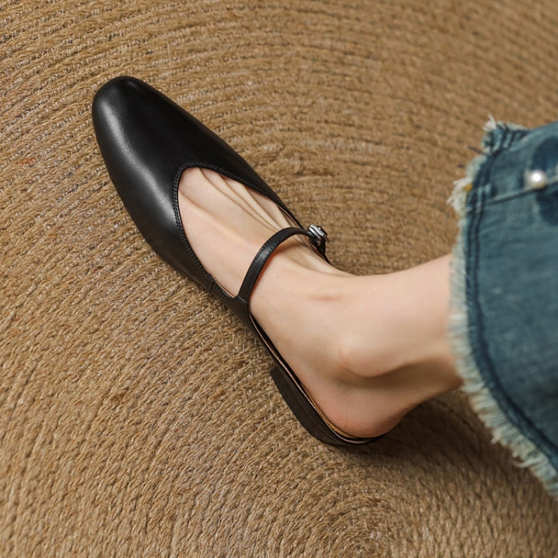 Women's Leather Mary Jane Mules Flat Shoes with Buckle Strap and Almond Toe - Image 23