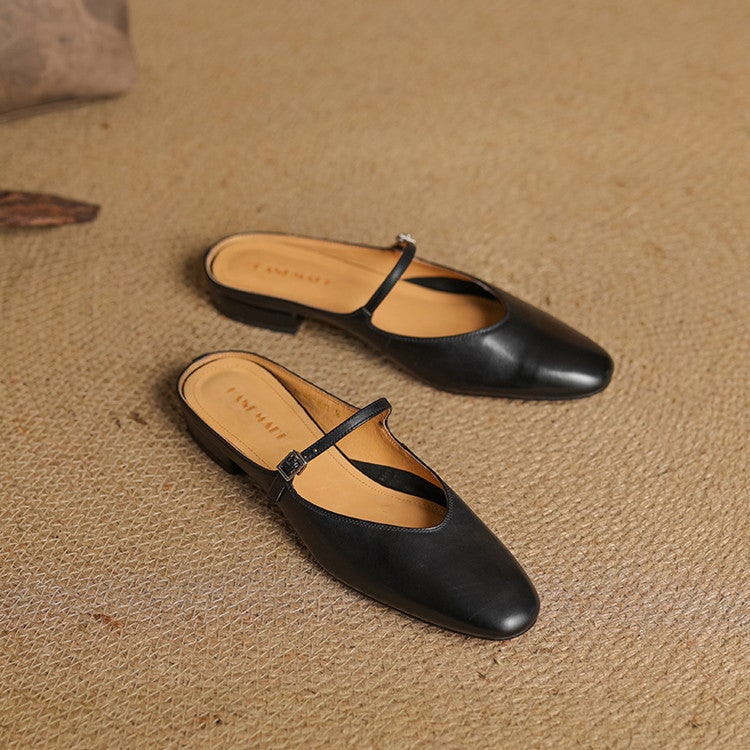 Women's Leather Mary Jane Mules Flat Shoes with Buckle Strap and Almond Toe - Image 24