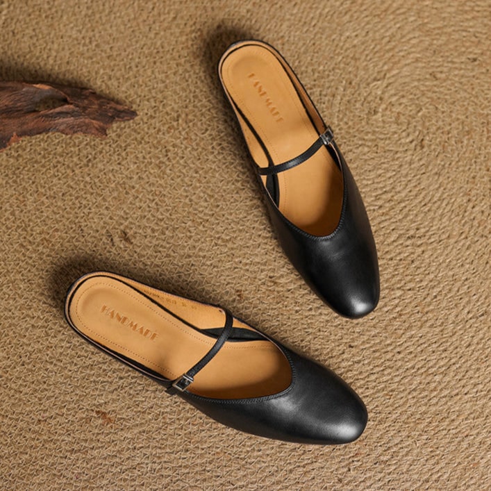 Women's Leather Mary Jane Mules Flat Shoes with Buckle Strap and Almond Toe - Image 25