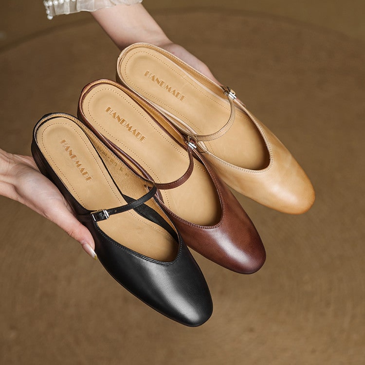 Women's Leather Mary Jane Mules Flat Shoes with Buckle Strap and Almond Toe - Image 26