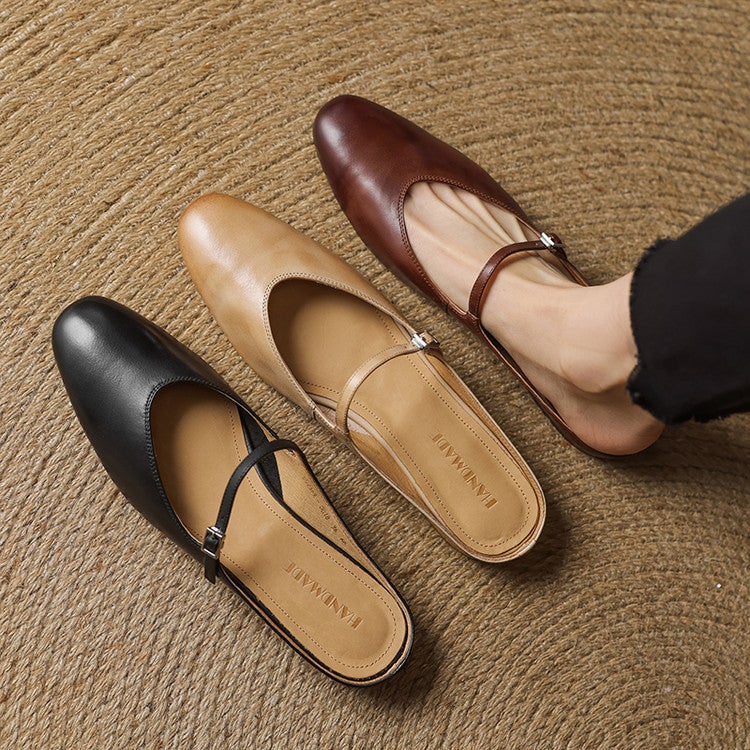 Women's Leather Mary Jane Mules Flat Shoes with Buckle Strap and Almond Toe - Image 27
